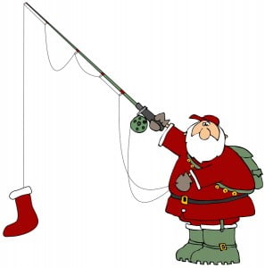 Clipart Illustration of Santa Holding A Red Christmas Stocking On A Fishing Pole Hook