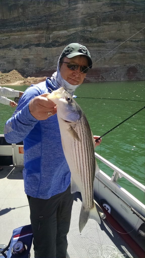 Image is of an angler holding his freshly caught fish while on a sunny fishing trip on the lake.