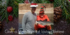 Image shows an ad for a gift certificate with a father and son on a fishing trip, smiling while wearing Christmas caps.