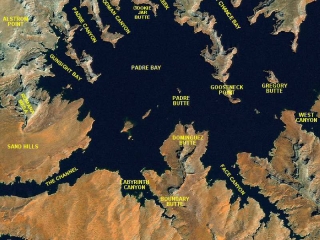 Detailed map of Padre Bay on Lake Powell with Points of Interest