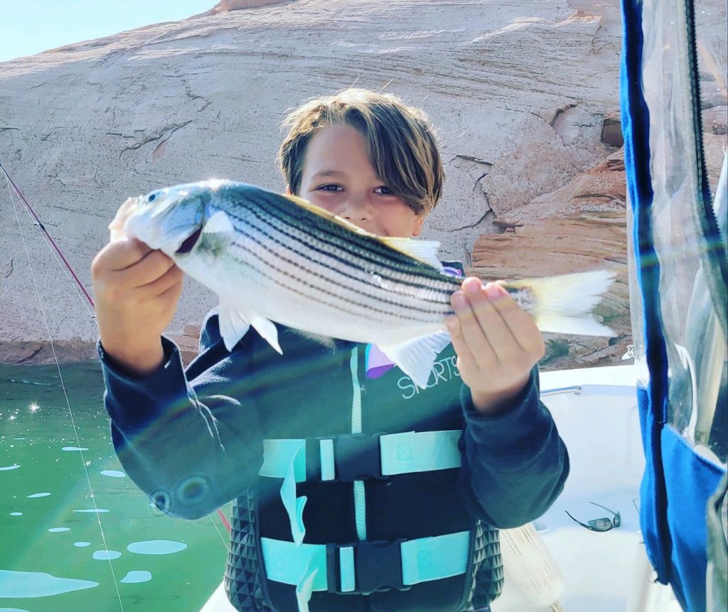 It’s “Fish On” with Ambasador Guides Lake Powell, AZ.  Give us a call for a trip fishing with Capt. Bill serving the area since 1979.