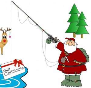 Santa holding a Fishing Pole with a Gift Certificate on the hook. Small body of water, some pine trees in the background, and on the left side a reindeer with a red nose peeking out from the image border.