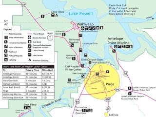 Detailed Map of Page - Lake Powell area with map legend, driving times and Points of Interest.