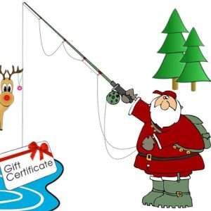 Sant with a fishing pole that has a Gift on the hook. Rudolph the Reindeer is watching.